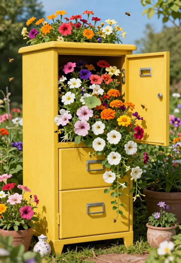 12 Filing Cabinet Planter Ideas That Hide Old Office Furniture - 3. Colorful Flower Box 1