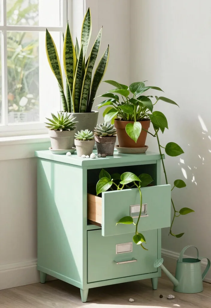 12 Filing Cabinet Planter Ideas That Hide Old Office Furniture - 4. Indoor Plant Stand 1