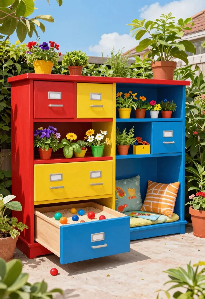 12 Filing Cabinet Planter Ideas That Hide Old Office Furniture - 6. Playful Kids’ Garden 1