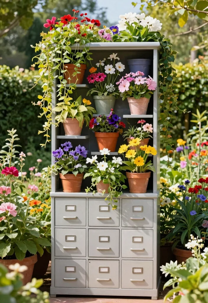 12 Filing Cabinet Planter Ideas That Hide Old Office Furniture - 9. Vertical Flower Wall 1