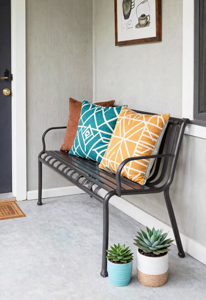 12 Front Porch Bench Ideas That Fit Narrow Entryways - 2. Metal Bench with a Modern Twist 1