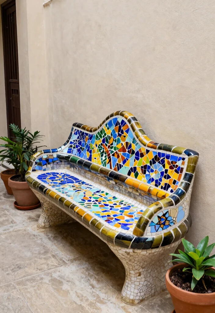 12 Front Porch Bench Ideas That Fit Narrow Entryways - 7. Artistic Mosaic Bench 1