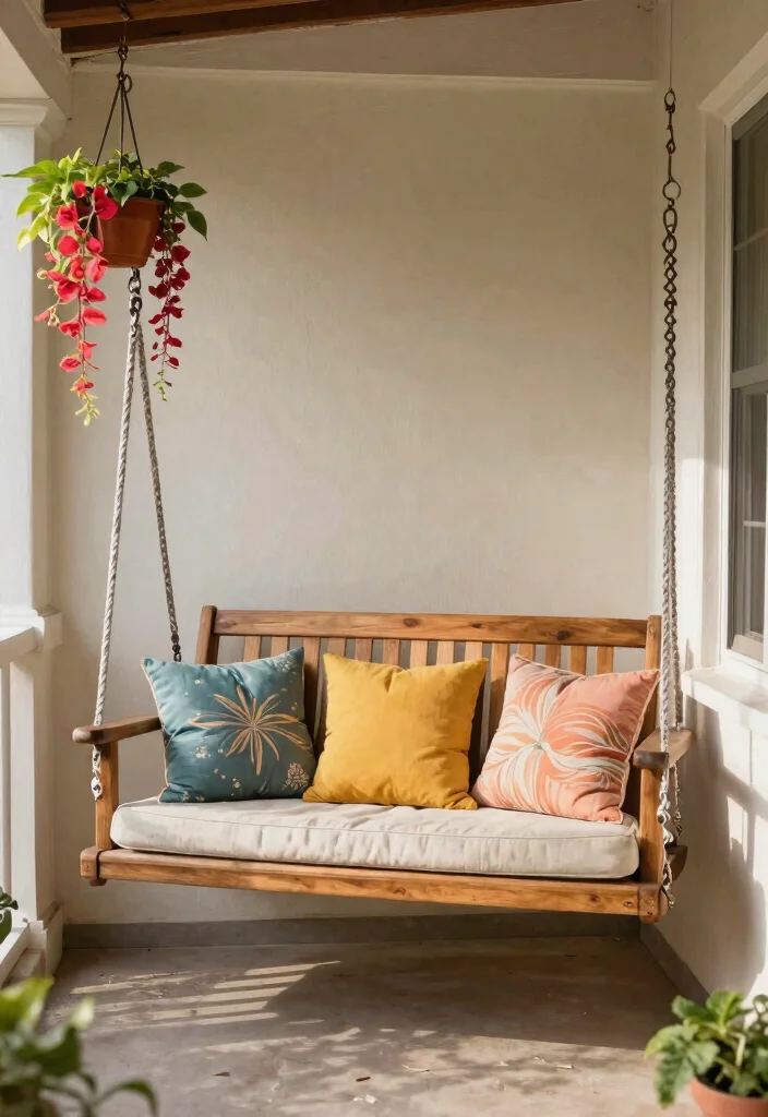 12 Front Porch Bench Ideas That Fit Narrow Entryways - 8. Swing Bench for Relaxation 1