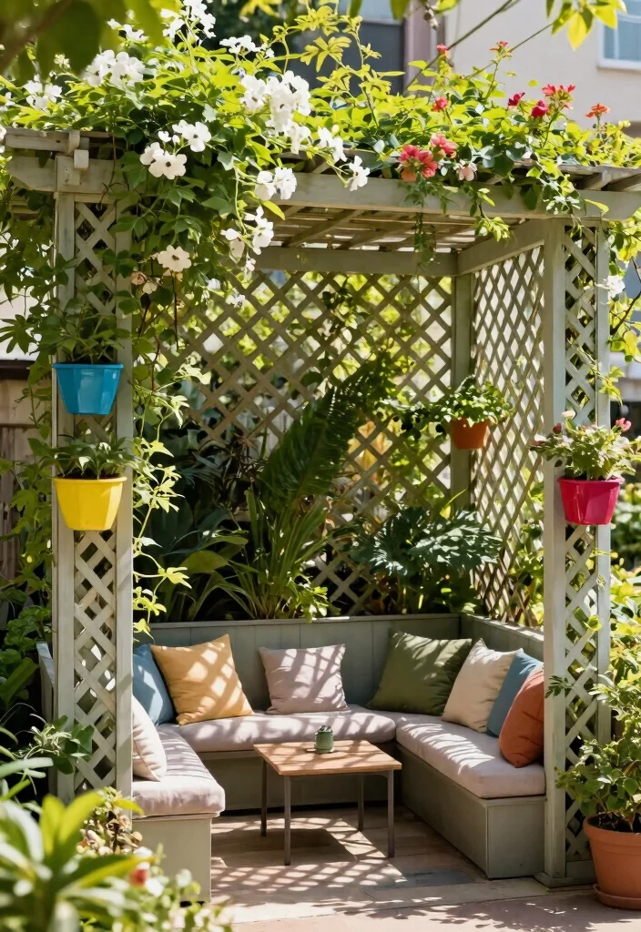 12 Metal Patio Pergola Ideas That Provide Shade in Small Yards - 3. Lattice Pergola with Vertical Gardening 1