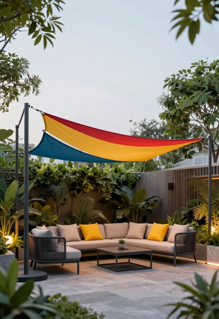 12 Metal Patio Pergola Ideas That Provide Shade in Small Yards - 4. Contemporary Shade Sail 1