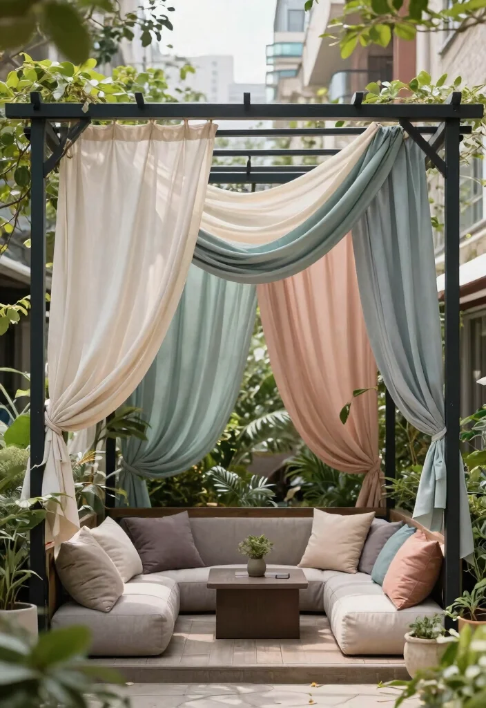 12 Metal Patio Pergola Ideas That Provide Shade in Small Yards - 8. Stylish Metal Pergola with Fabric Draping 1