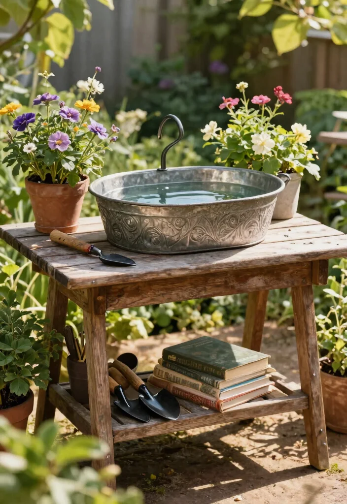 12 Outdoor Garden Sink Ideas That Don't Need a Plumber - 3. Vintage Basin on a Table 1