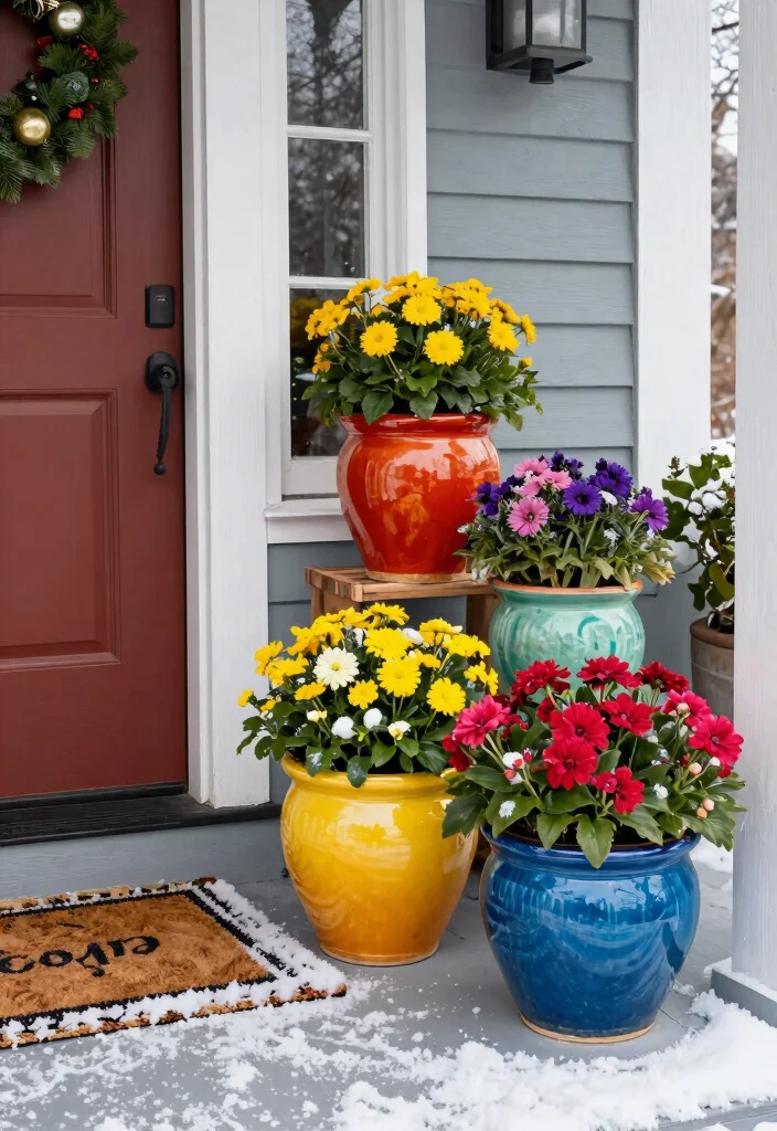 12 Planters for Front Porch Ideas That Survive Freezing Winters - 6. Colorful Glazed Ceramic Pots 1