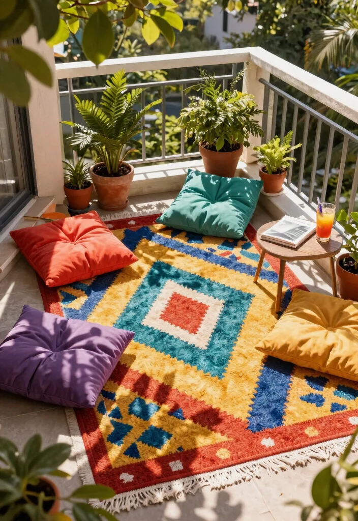 12 Small Balcony Decorating Ideas That Actually Leave Room to Sit - 7. Outdoor Rugs for Comfort 1