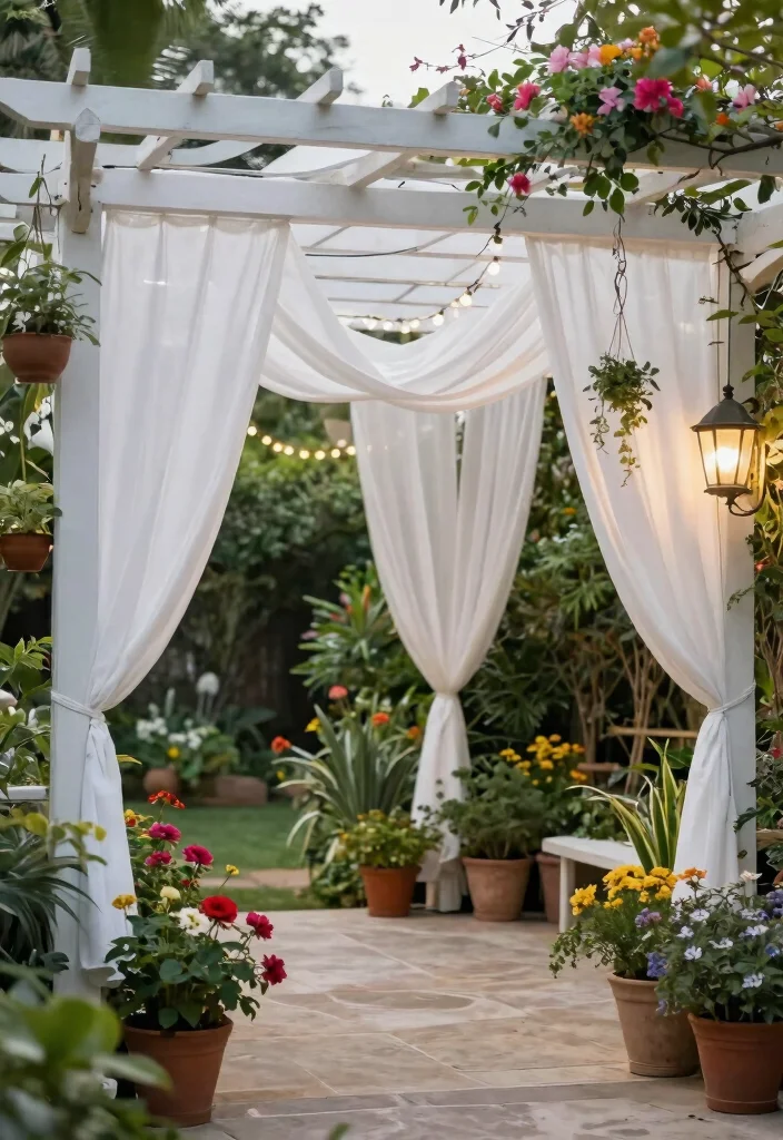 14 Backyard Gazebo Ideas That Provide Full Shade - 4. Elegant Pergola with Fabric Draping 1