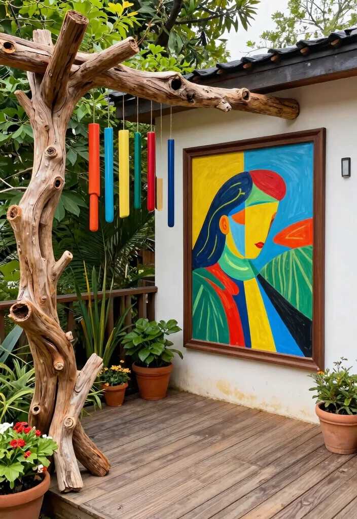 14 Decorating a Deck Ideas on a Budget That Last All Season - 6. Outdoor Art Installations 1