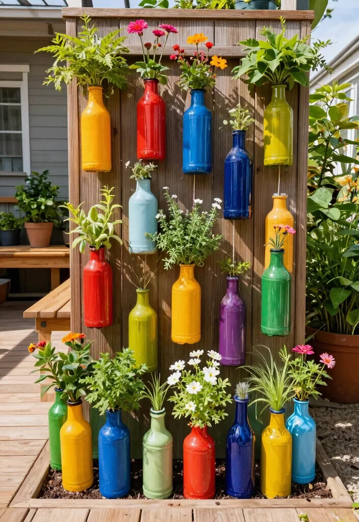 14 Decorating a Deck Ideas on a Budget That Last All Season - 7. Recycled Bottle Planters 1