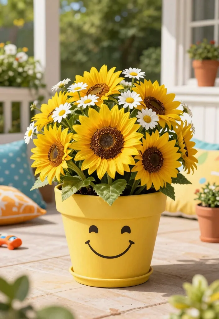 14 Face Flower Pots Ideas That Add Personality to Any Porch - 5. Happy Sunflower Planter 1
