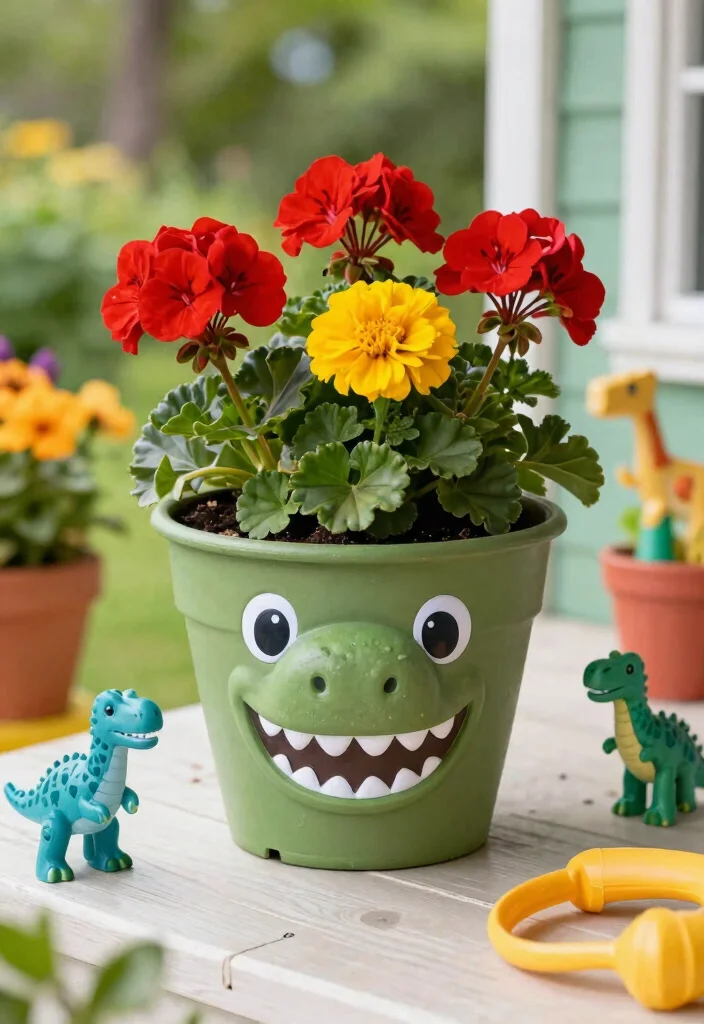 14 Face Flower Pots Ideas That Add Personality to Any Porch - 8. Quirky Dino Planter 1