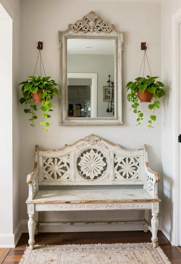 14 Farmhouse Entryway Ideas With Bench for Dropping Keys and Shoes Fast - 10. Farmhouse Bench with Decorative Elements 1