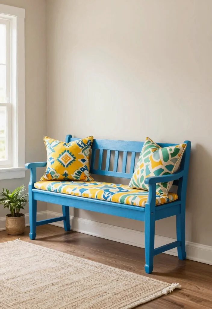 14 Farmhouse Entryway Ideas With Bench for Dropping Keys and Shoes Fast - 11. Colorful Farmhouse Bench 1