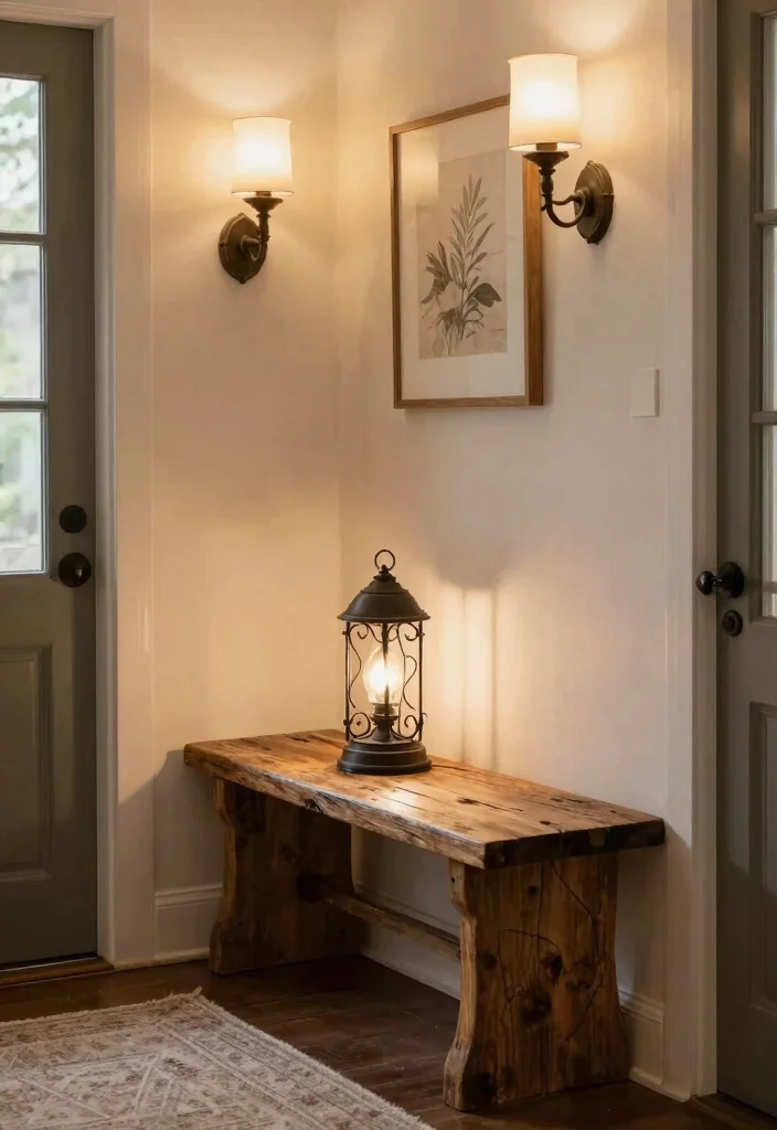 14 Farmhouse Entryway Ideas With Bench for Dropping Keys and Shoes Fast - 13. Farmhouse Bench with Lighting 1