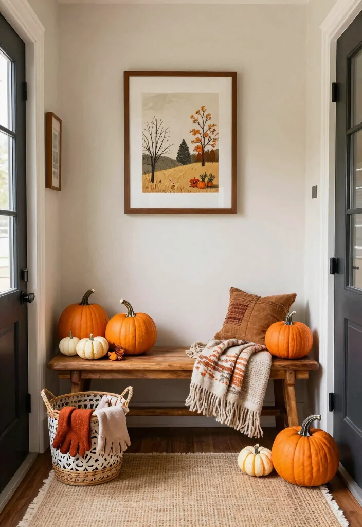 14 Farmhouse Entryway Ideas With Bench for Dropping Keys and Shoes Fast - 14. Seasonal Decor Around Your Bench 1