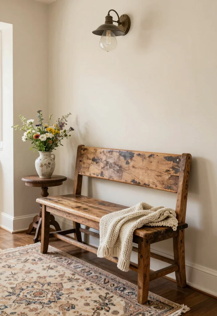 14 Farmhouse Entryway Ideas With Bench for Dropping Keys and Shoes Fast - 3. Vintage Farmhouse Bench 1