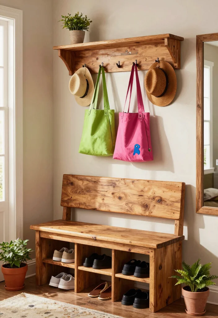 14 Farmhouse Entryway Ideas With Bench for Dropping Keys and Shoes Fast - 5. Farmhouse Bench with Hooks 1