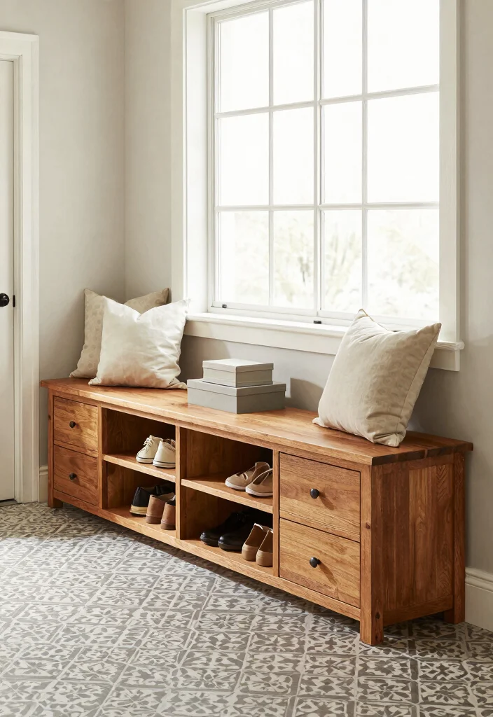 14 Farmhouse Entryway Ideas With Bench for Dropping Keys and Shoes Fast - 9. Multi-Functional Entryway Bench 1
