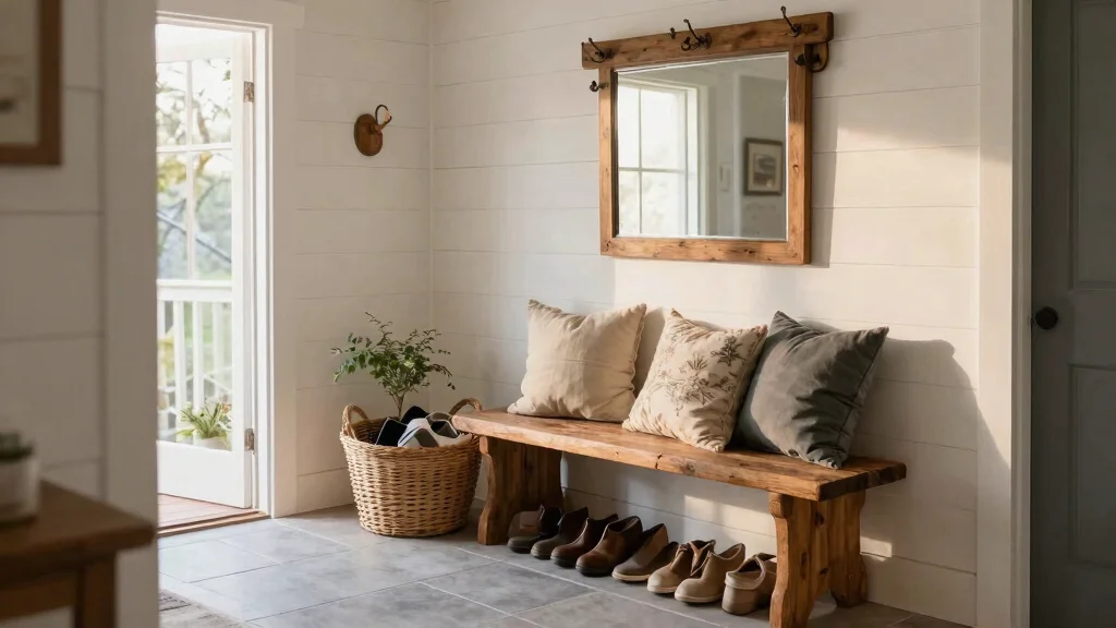 14 Farmhouse Entryway Ideas With Bench for Dropping Keys and Shoes Fast
