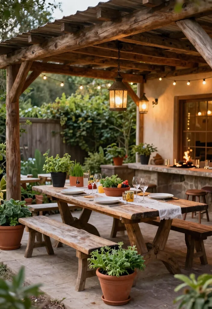 14 Fire Pit Pergola Ideas That Keep Smoke Out of Your Face - 13. Farm-to-Table Dining Space 1
