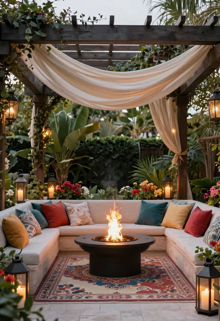 14 Fire Pit Pergola Ideas That Keep Smoke Out of Your Face - 6. Elegant Canopy Design 1