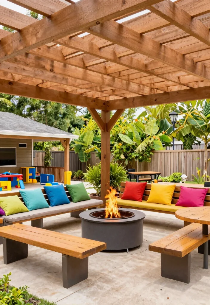 14 Fire Pit Pergola Ideas That Keep Smoke Out of Your Face - 8. Family-Friendly Fire Pit Zone 1