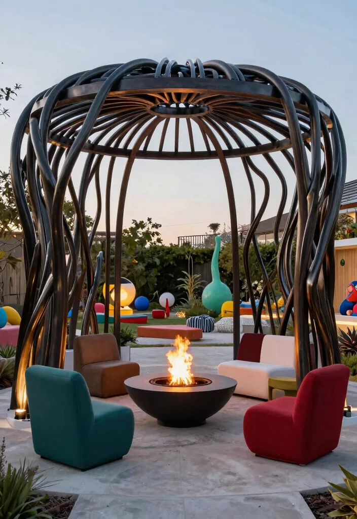 14 Fire Pit Pergola Ideas That Keep Smoke Out of Your Face - 9. Artistic Sculpture Pergola 1