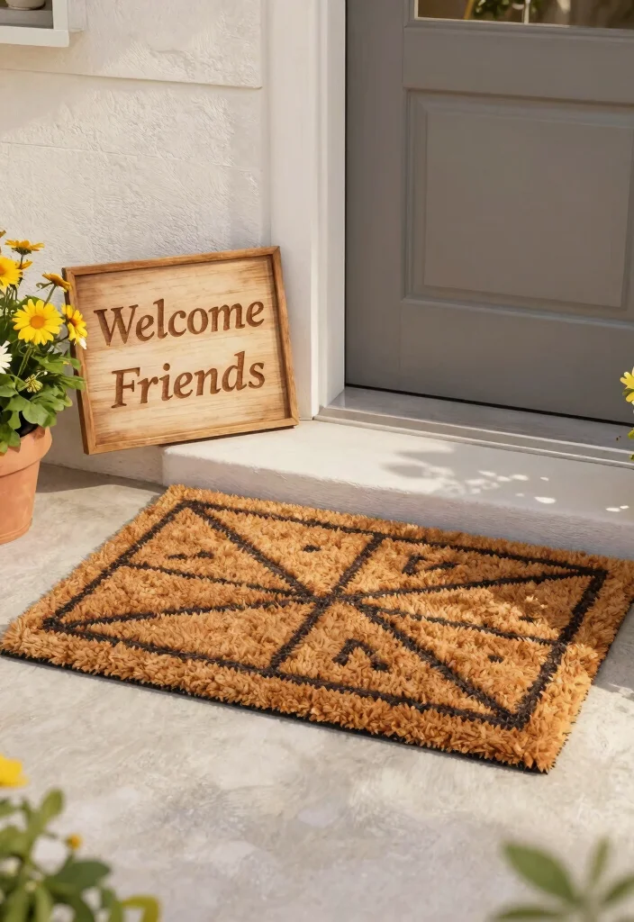 14 Front Porch Signs That Welcome Guests Without Looking Cluttered - 10. Cozy Welcome Mat with Sign 1