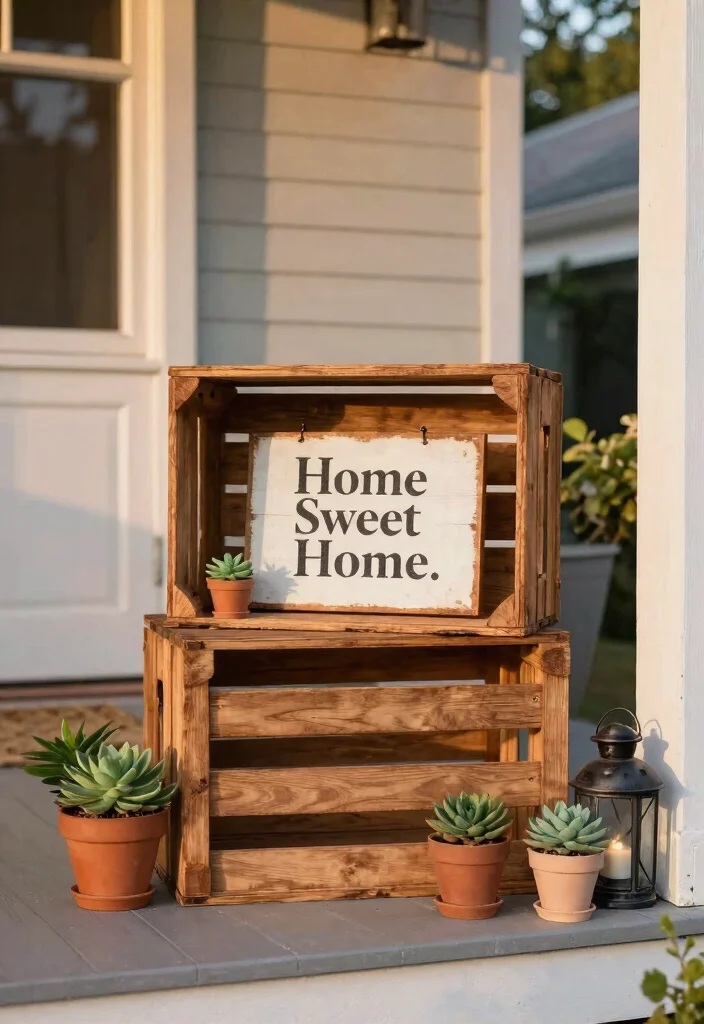 14 Front Porch Signs That Welcome Guests Without Looking Cluttered - 3. Vintage Wooden Crate Display 1