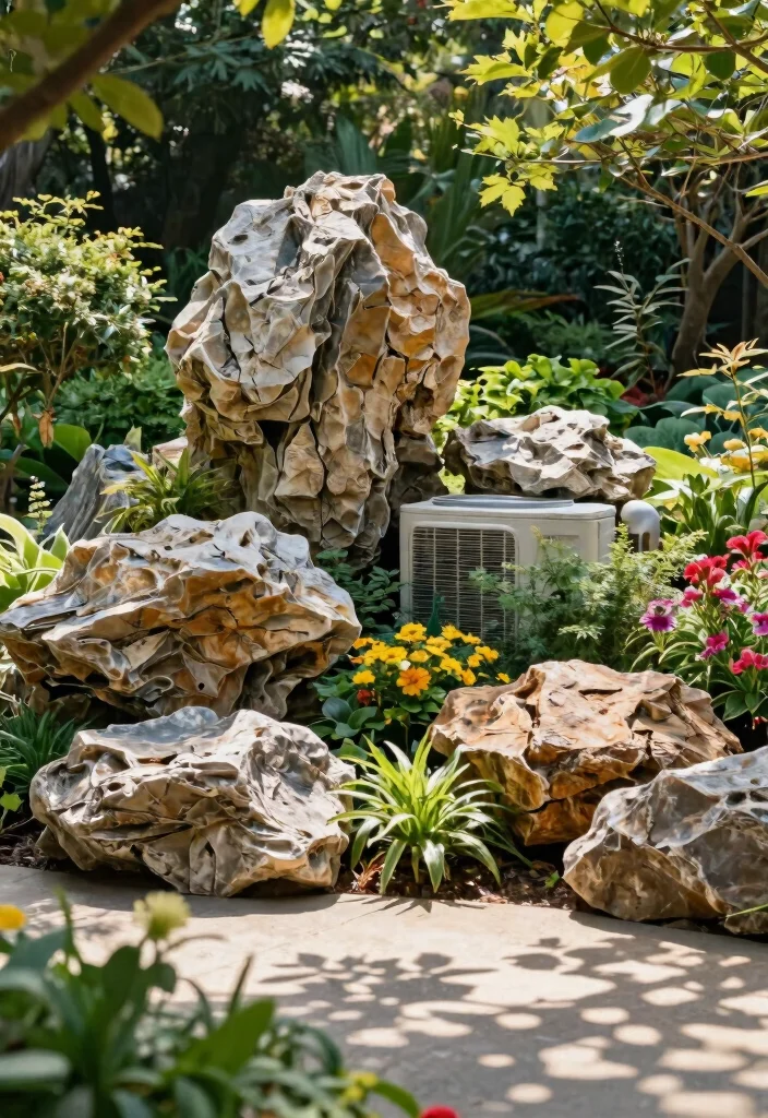 14 Outdoor AC Cover Ideas That Hide the Unit Without Blocking Airflow - 14. Faux Rock Covers 1