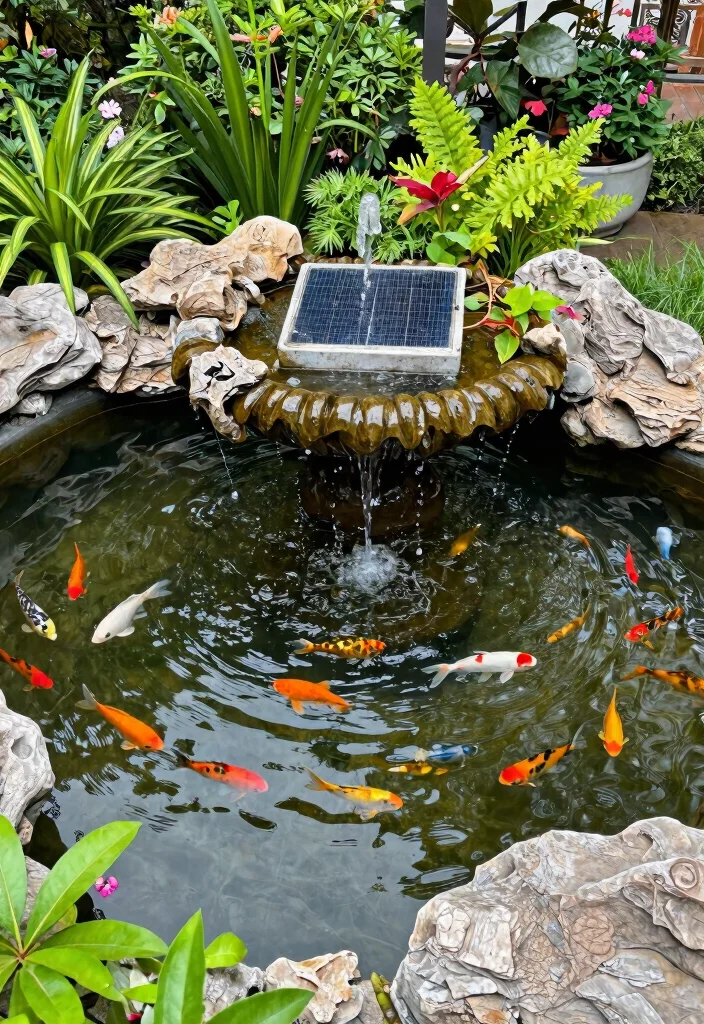 14 Solar Water Fountains Outdoor That Run Without Outlets - 10. Solar Fountain with Fish Pond Option 1