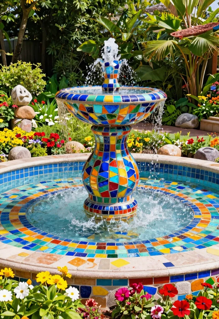 14 Solar Water Fountains Outdoor That Run Without Outlets - 14. Creative Mosaic Fountain 1