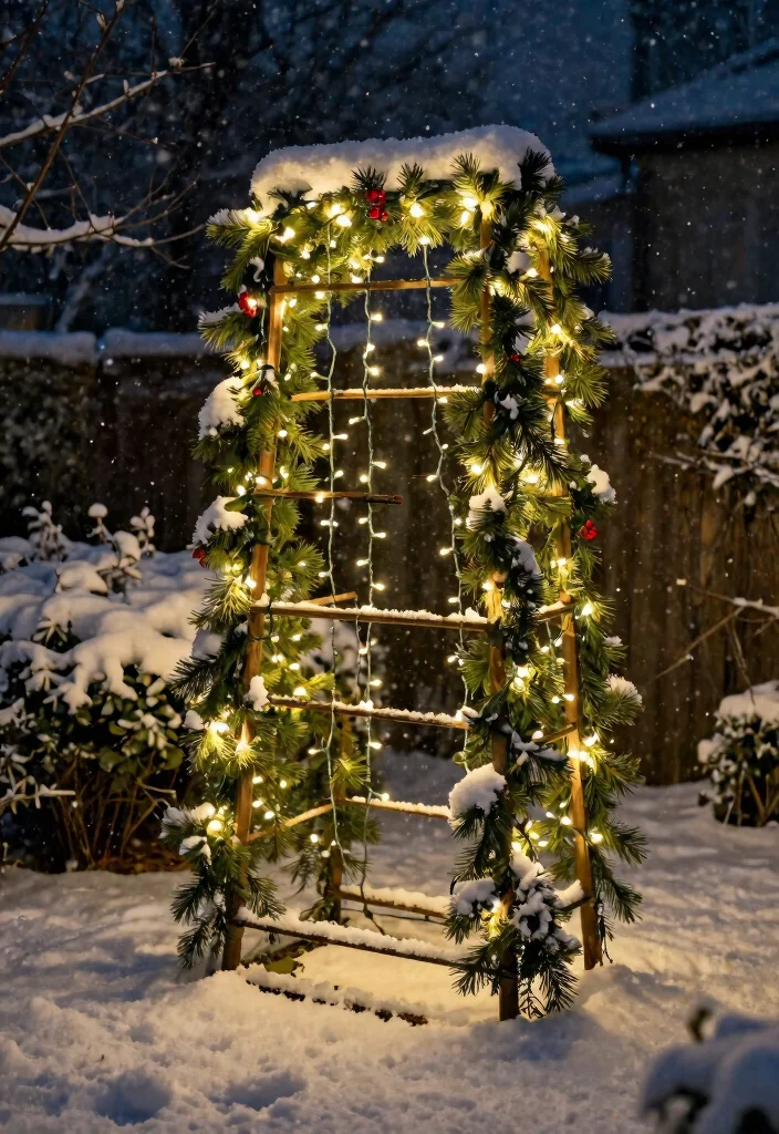 15 Backyard Christmas Decor Ideas That Withstand Winter Weather - 1. Twinkling Lights on a Trellis 1