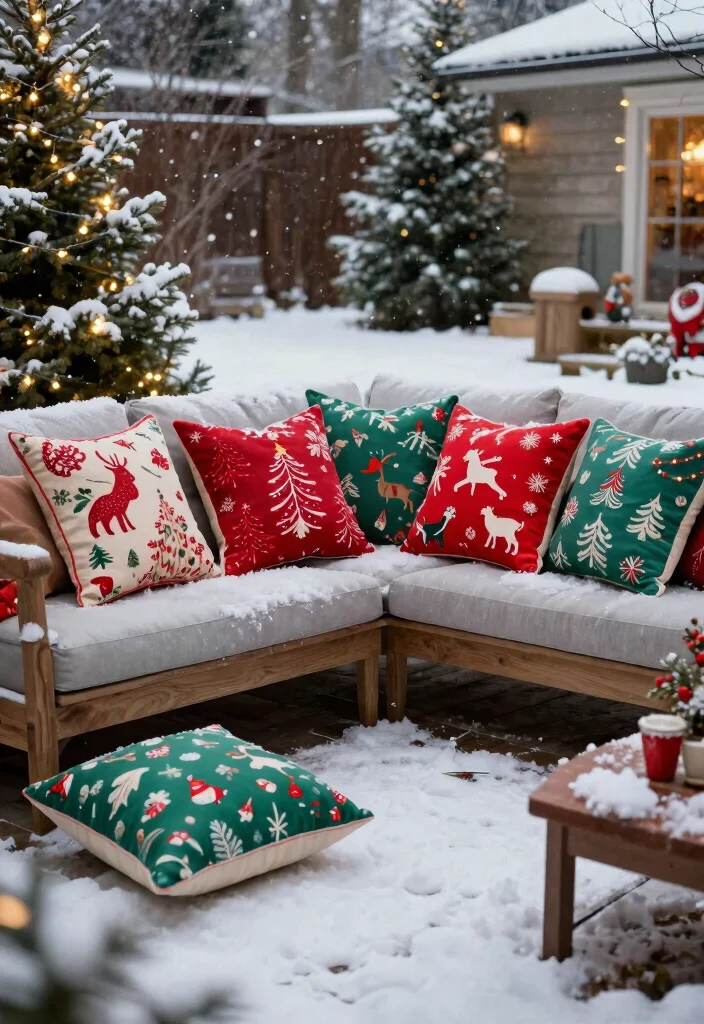 15 Backyard Christmas Decor Ideas That Withstand Winter Weather - 12. Colorful Outdoor Pillows 1