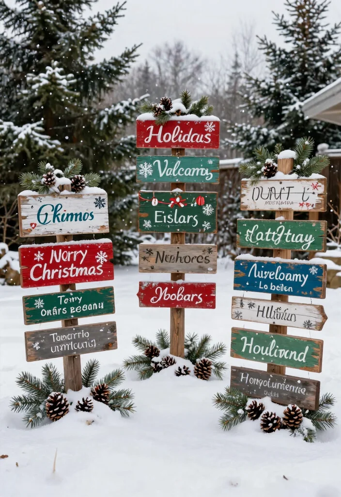 15 Backyard Christmas Decor Ideas That Withstand Winter Weather - 2. Rustic Wooden Christmas Signs 1