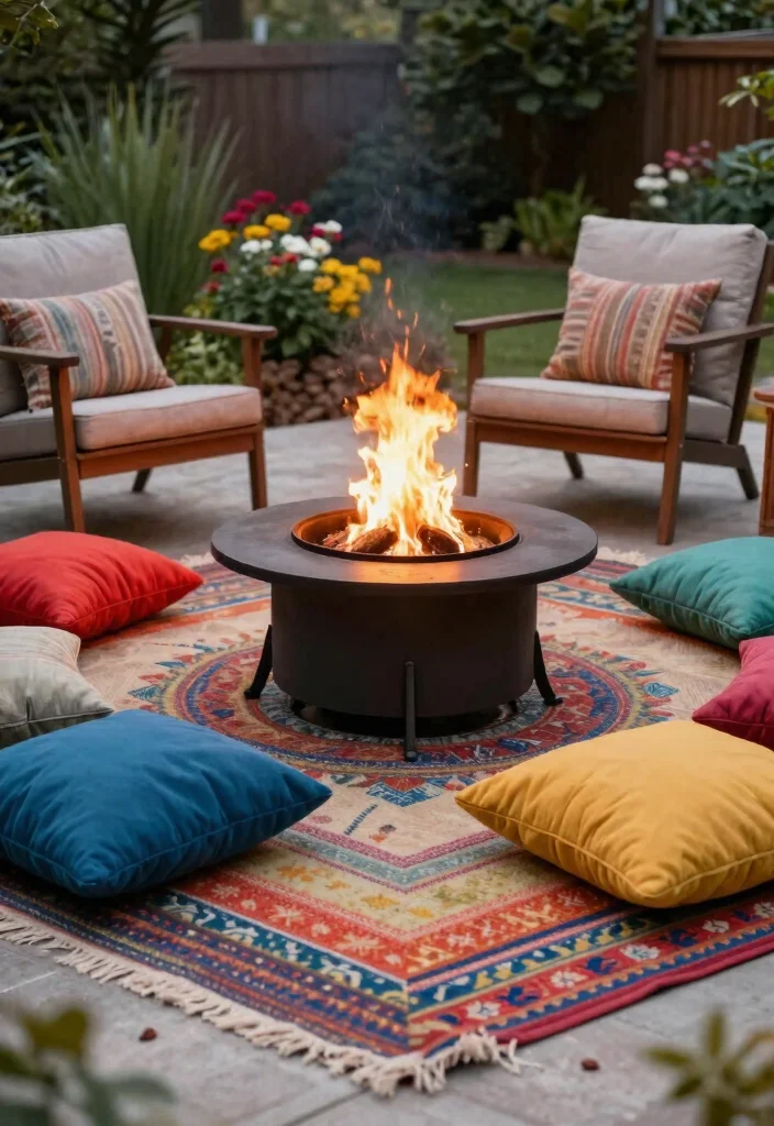 15 Fire Pit Backyard Ideas on a Budget for Small Yards - 10. Fire Pit with Outdoor Rug 1