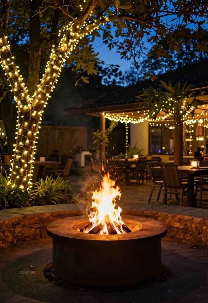 15 Fire Pit Backyard Ideas on a Budget for Small Yards - 11. Fire Pit Surrounded by Fairy Lights 1