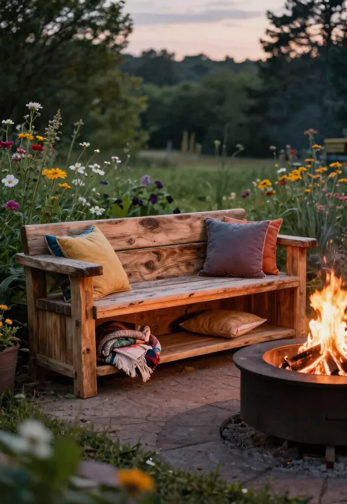 15 Fire Pit Bench Ideas That Seat More Than Two People - 1. Rustic Wooden Bench with Storage 1