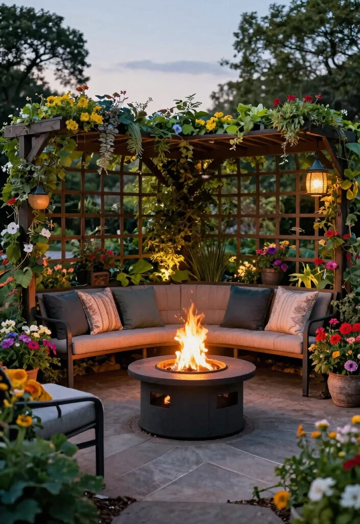 15 Fire Pit Bench Ideas That Seat More Than Two People - 10. Garden-Style Bench with Trellis 1