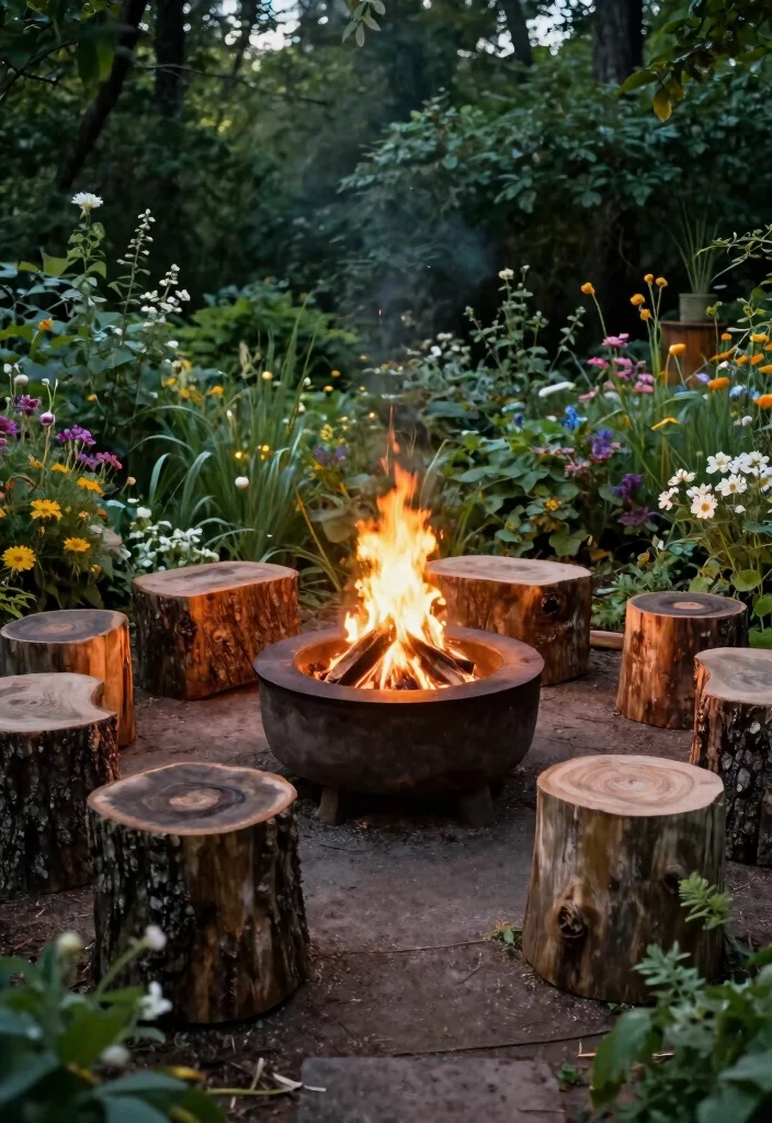 15 Fire Pit Bench Ideas That Seat More Than Two People - 15. Stump Seating for a Natural Touch 1