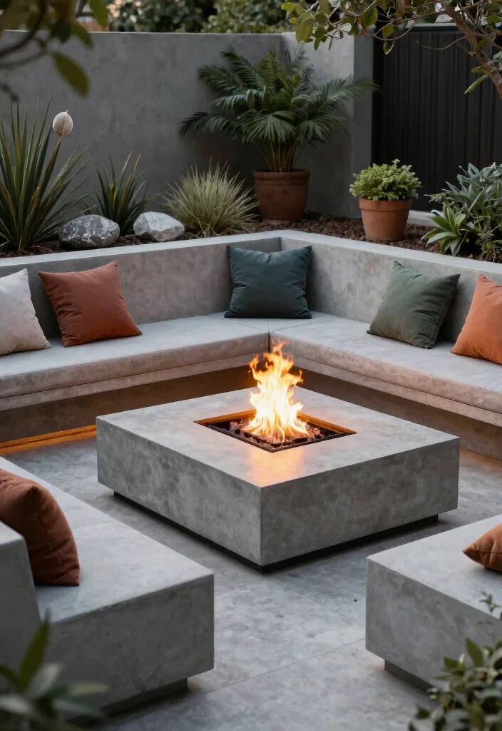 15 Fire Pit Bench Ideas That Seat More Than Two People - 3. Modern Concrete Benches 1