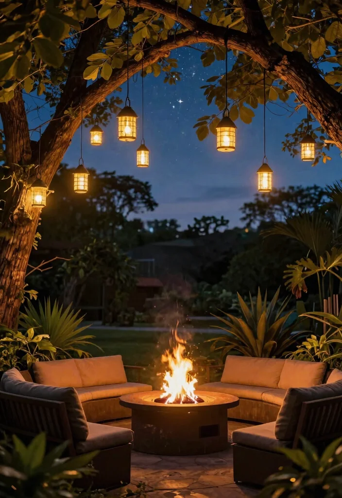 15 Fire Pit Lighting Ideas That Stay On Without Extension Cords - 11. Solar-Powered Hanging Lights 1