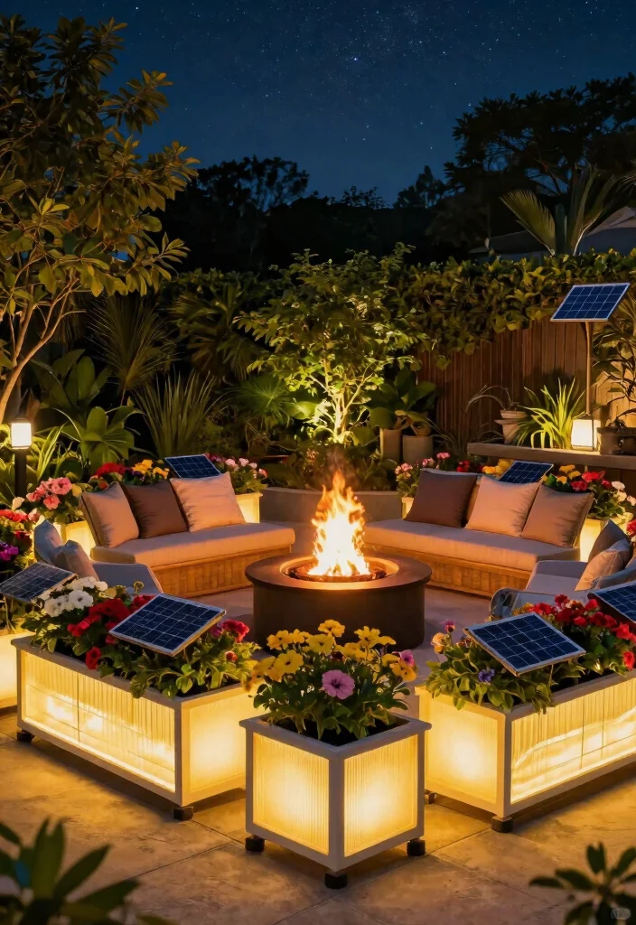 15 Fire Pit Lighting Ideas That Stay On Without Extension Cords - 13. Solar-Illuminated Planters 1