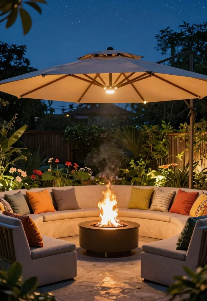 15 Fire Pit Lighting Ideas That Stay On Without Extension Cords - 15. Solar-Powered Umbrella Lights 1