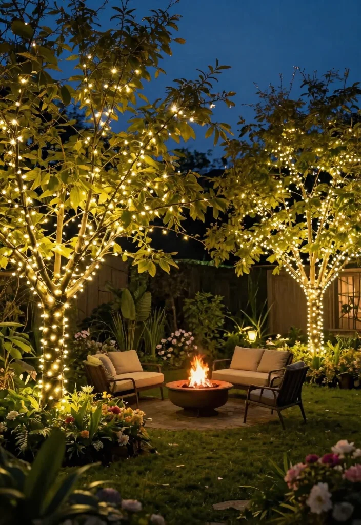 15 Fire Pit Lighting Ideas That Stay On Without Extension Cords - 2. Fairy Lights in Trees 1