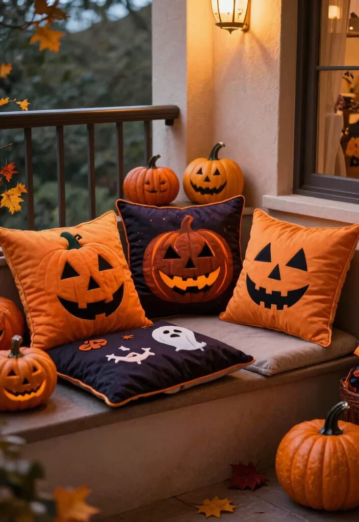 15 Halloween Balcony Decor Ideas for Small Spaces and Railings - 14. Halloween-Themed Cushions 1