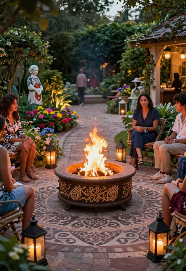15 Outdoor Fire Pit Ideas That Stay Lit Through Wind and Rain - 12. Decorative Fire Pit with Surrounding Features 1